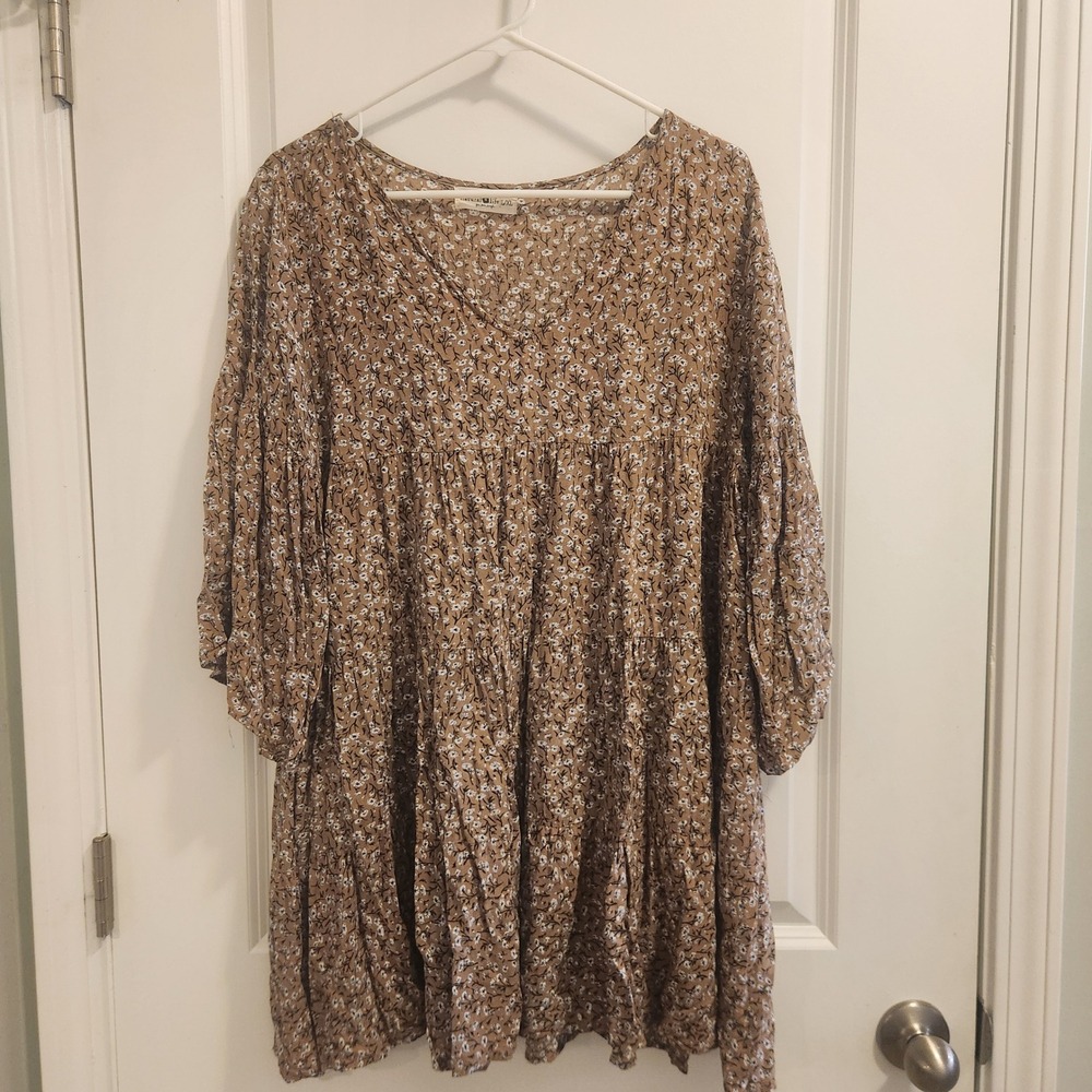 Natural Life Floral Tiered Babydoll Dress Tan Brown V-Neck Boho